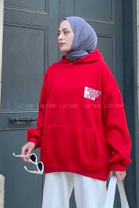Red Hood Neck Long Arm Printed Sweatshirt
