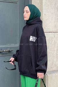 Black Hood Neck Long Arm Printed Sweatshirt