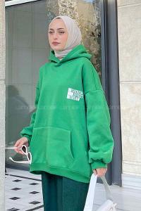 Green Hood Neck Long Arm Printed Sweatshirt