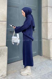 Navy Blue Polo Neck Collar Long Arm Knitwear Straight Skirt Suit