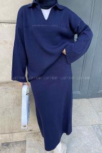Navy Blue Polo Neck Collar Long Arm Knitwear Straight Skirt Suit