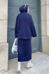 Navy Blue Polo Neck Collar Long Arm Knitwear Straight Skirt Suit