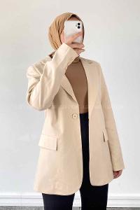 Cream Lower V Neck Long Arm Cotton Fabric Jacket