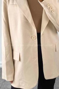 Cream Lower V Neck Long Arm Cotton Fabric Jacket
