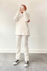 White Medium Crew Neck Long Arm Cotton Fabric Regular Trousers Comfortable Suit