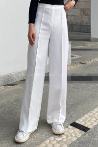 Lamelif Çımalı Bol Paça Pantolon Beyaz