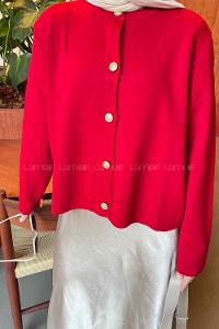 Lamelif Gold Düğmeli Kısa Hırka  Kırmızı