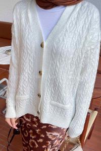 Lamelif Örgü Detaylı Hırka Beyaz