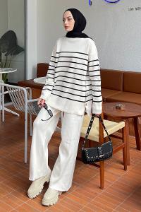 Lamelif Yan Düğme Detaylı Triko Kazak Ekru