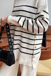 Lamelif Yan Düğme Detaylı Triko Kazak Ekru