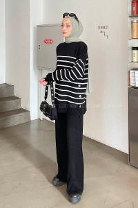 Lamelif Yan Düğme Detaylı Triko Kazak Siyah