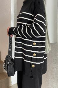 Lamelif Yan Düğme Detaylı Triko Kazak Siyah