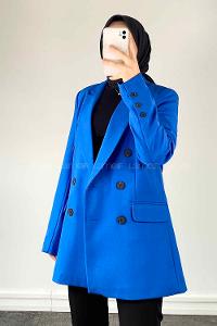 Blue V Neck Long Arm Poplin Fabric Jacket