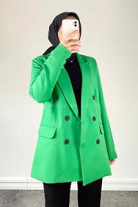 Green V Neck Long Arm Poplin Fabric Jacket