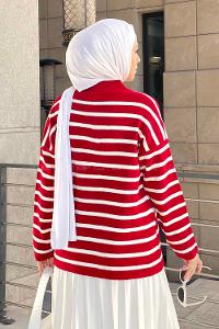 Lamelif  Aliisha Çizgili Triko Kazak  Kırmızı