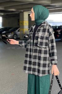 Modalamelif Ekose Desen Kapak CepDetaylı Gömlek Gri Siyah