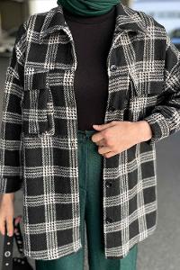 Modalamelif Ekose Desen Kapak CepDetaylı Gömlek Gri Siyah