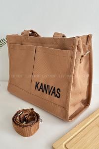 Lamelif Kanvas Nakışlı Kadın Çapraz Çanta Camel