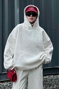 Lamelif Kapüşonlu Salaş Sweatshirt Beyaz