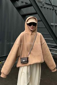 Lamelif Kapüşonlu Salaş Sweatshirt Sütlü Kahve
