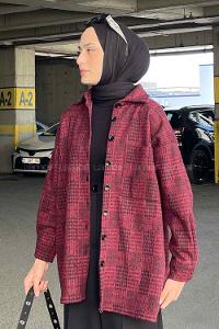 Claret Red Shirt Collar Long Arm Wool Cotton Fabric Printed Shirt