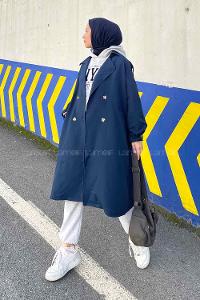 Lamelif Rüzgarlık Detaylı Omuz Apoletli Trençkot Lacivert