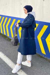 Lamelif Rüzgarlık Detaylı Omuz Apoletli Trençkot Lacivert