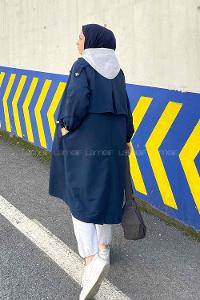 Lamelif Rüzgarlık Detaylı Omuz Apoletli Trençkot Lacivert