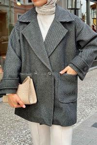 Anthracite V Neck Long Arm Poplin Fabric Elastan Coat