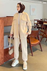 Cream Shirt Collar Long Arm Wool Cotton Fabric Elastic Trousers Comfortable Suit