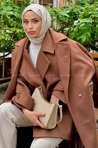 Brown V Neck Long Arm Poplin Fabric Elastan Coat