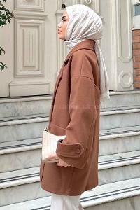 Brown V Neck Long Arm Poplin Fabric Elastan Coat