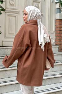 Brown V Neck Long Arm Poplin Fabric Elastan Coat