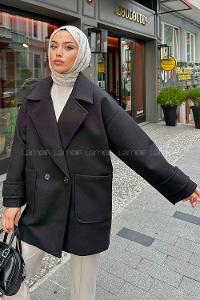 Black V Neck Long Arm Poplin Fabric Elastan Coat