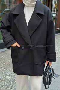 Black V Neck Long Arm Poplin Fabric Elastan Coat