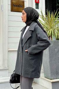 Lamelif Kruvaze Yaka Kısa Kaşe Kaban Antrasit