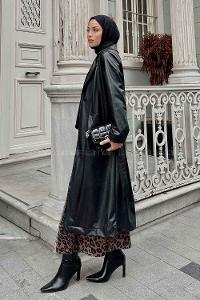 Lamelif Kuşak Detaylı Uzun Deri Trençkot Siyah