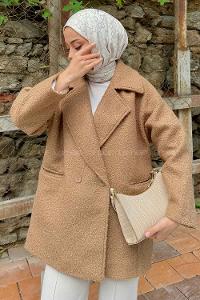 Brown V Neck Long Arm Poplin Fabric Elastan Coat