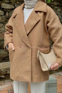 Brown V Neck Long Arm Poplin Fabric Elastan Coat