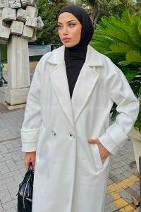 Lamelif Oversize Kruvaze Uzun Kaşe Kaban  Beyaz