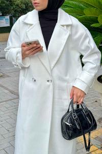 Lamelif Oversize Kruvaze Uzun Kaşe Kaban  Beyaz