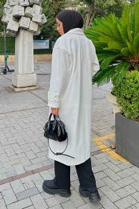 Lamelif Oversize Kruvaze Uzun Kaşe Kaban  Beyaz