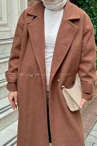 Lamelif Oversize Kruvaze Uzun Kaşe Kaban  Kahverengi