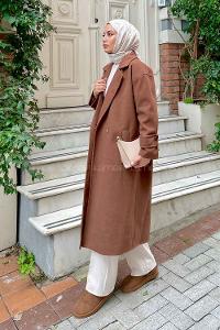 Lamelif Oversize Kruvaze Uzun Kaşe Kaban  Kahverengi