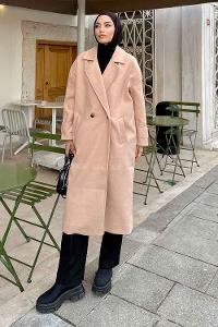 Brown With Milk V Neck Long Arm Poplin Fabric Elastan Coat