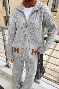 Gray Choker Neck Long Arm Without Accessories Knitwear Regular Trousers Comfortable Suit