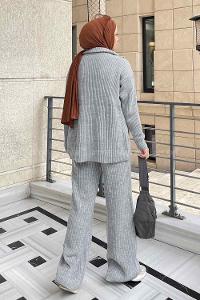 Gray Choker Neck Long Arm Without Accessories Knitwear Regular Trousers Comfortable Suit