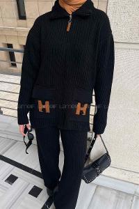 Black Choker Neck Long Arm Without Accessories Knitwear Regular Trousers Comfortable Suit