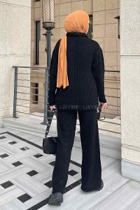 Black Choker Neck Long Arm Without Accessories Knitwear Regular Trousers Comfortable Suit