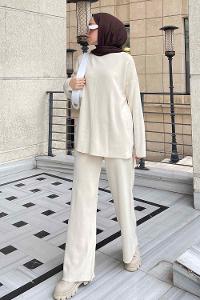 Ecru Choker Neck Long Arm Without Accessories Knitwear Regular Trousers Comfortable Suit